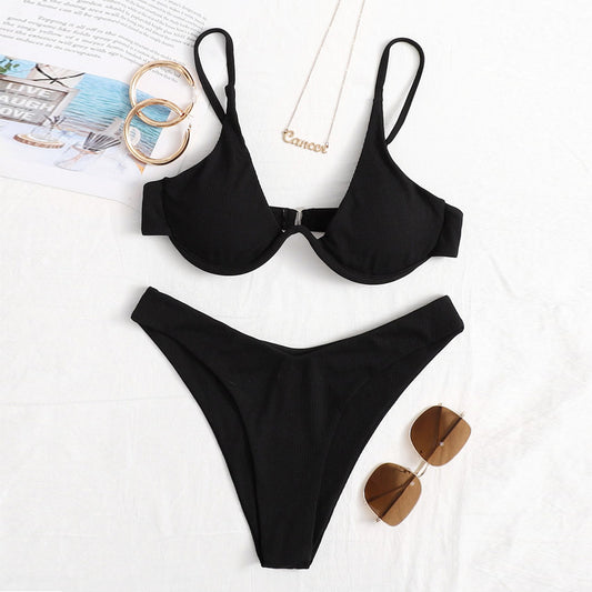 AliExpress Independent Station Cross-border European And American Solid Color Sexy Split Bikini Swimsuit Women