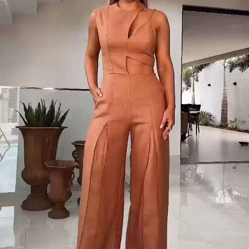 Fashion Round-neck High Waist Solid Color Hollow Out Wide Leg Jumpsuit