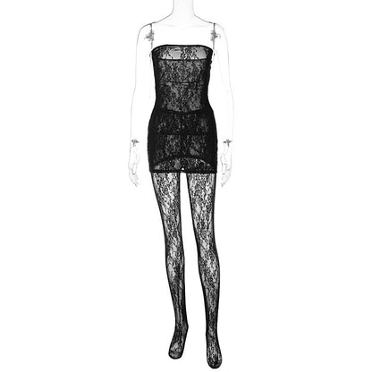 Adult Lady Like Woman Style Lace Chest Wrap Dress Close-fitting Outer Stockings Suit