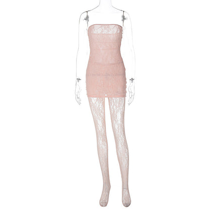 Adult Lady Like Woman Style Lace Chest Wrap Dress Close-fitting Outer Stockings Suit