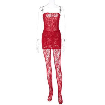 Adult Lady Like Woman Style Lace Chest Wrap Dress Close-fitting Outer Stockings Suit
