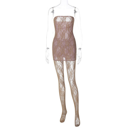 Adult Lady Like Woman Style Lace Chest Wrap Dress Close-fitting Outer Stockings Suit