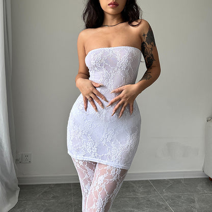 Adult Lady Like Woman Style Lace Chest Wrap Dress Close-fitting Outer Stockings Suit